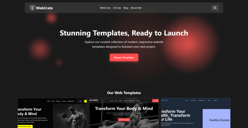 WebCrate homepage showing web templates